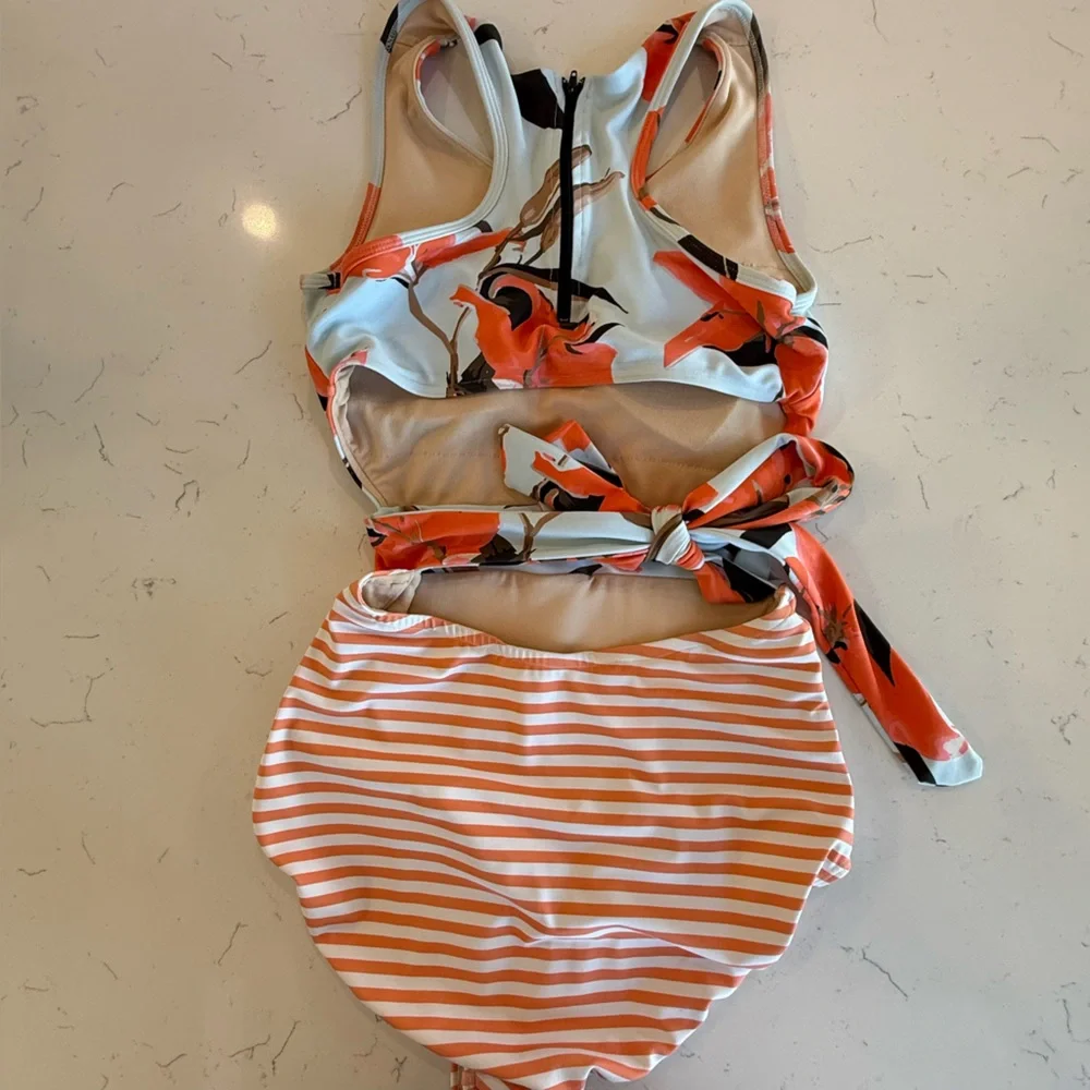 Albion fit Floral & Stripe Scoop Neck Women's one piece - Coral/White - Picture 3 of 4